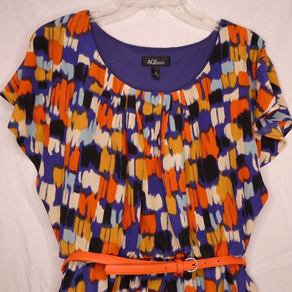 AGB Dress Shift‎ Dress Womens 8 Blue Orange Abstract Print Belted Flutter Sleeve